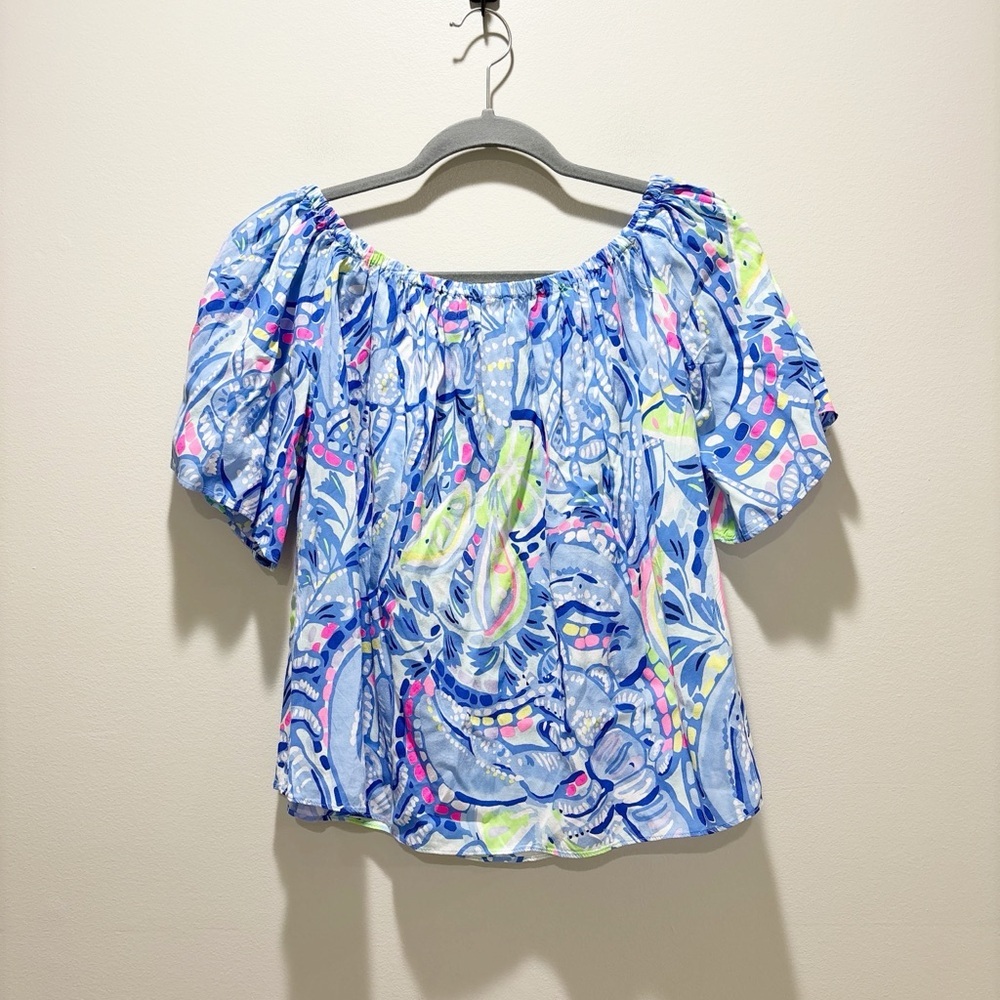 Lilly Pulitzer Sain Top in Blue Peri Pinch Pinch Off The Shoulder Coastal Preppy